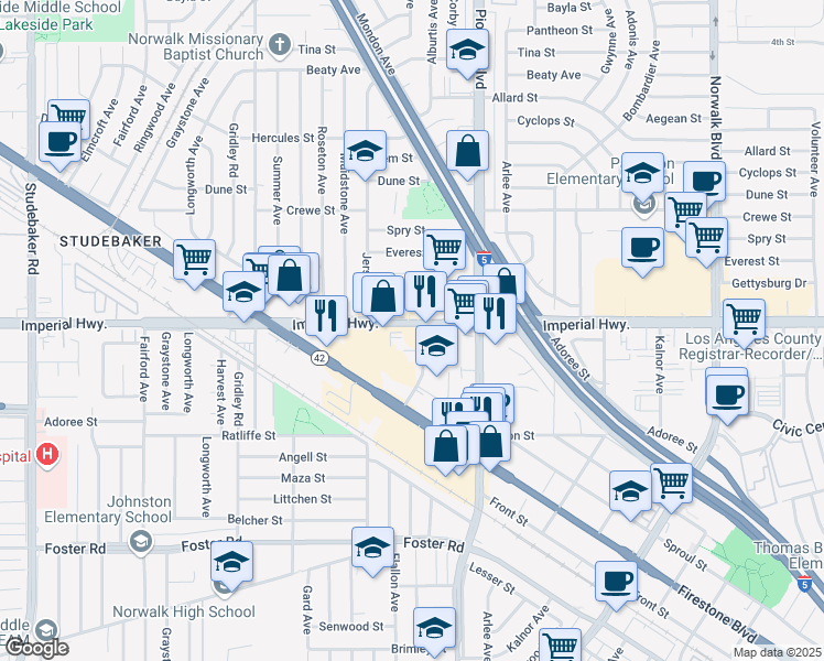 map of restaurants, bars, coffee shops, grocery stores, and more near 11650 Imperial Highway in Norwalk