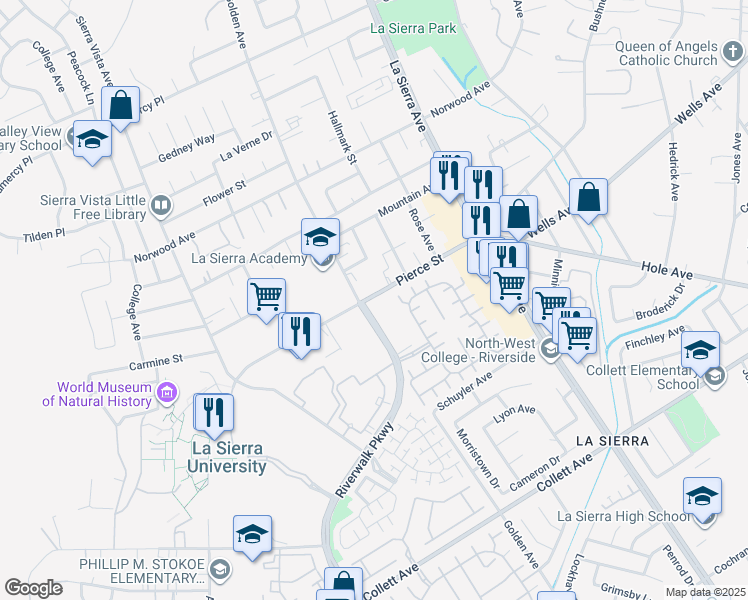 map of restaurants, bars, coffee shops, grocery stores, and more near 4899 Golden Avenue in Riverside
