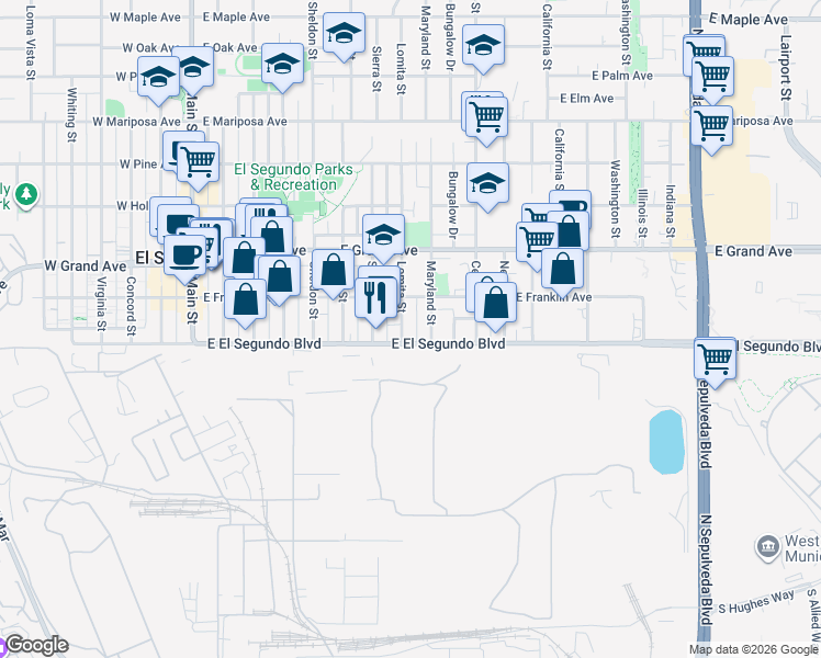 map of restaurants, bars, coffee shops, grocery stores, and more near 114 Lomita Street in El Segundo