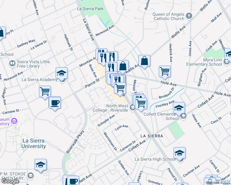 map of restaurants, bars, coffee shops, grocery stores, and more near 4716 La Sierra Avenue in Riverside