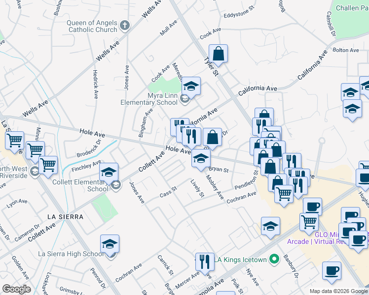 map of restaurants, bars, coffee shops, grocery stores, and more near 10501 Hole Avenue in Riverside