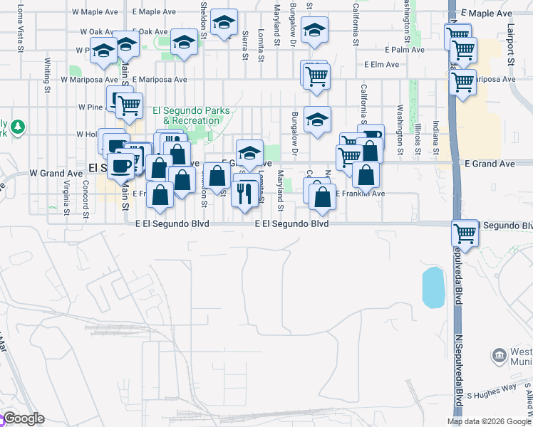 map of restaurants, bars, coffee shops, grocery stores, and more near 114 Lomita Street in El Segundo