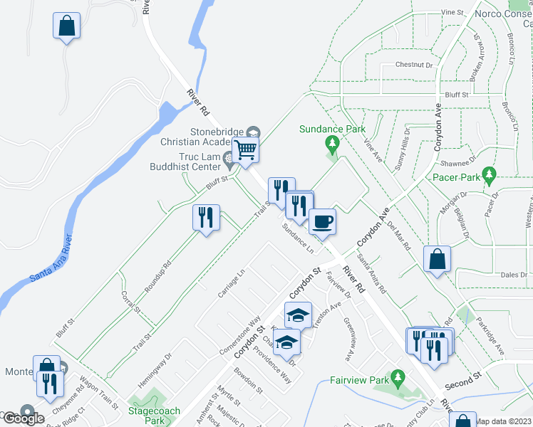 map of restaurants, bars, coffee shops, grocery stores, and more near 4349 Trail Street in Norco