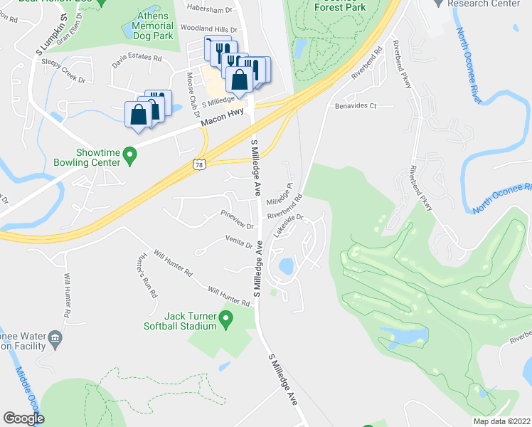 map of restaurants, bars, coffee shops, grocery stores, and more near 2185 South Milledge Avenue in Athens
