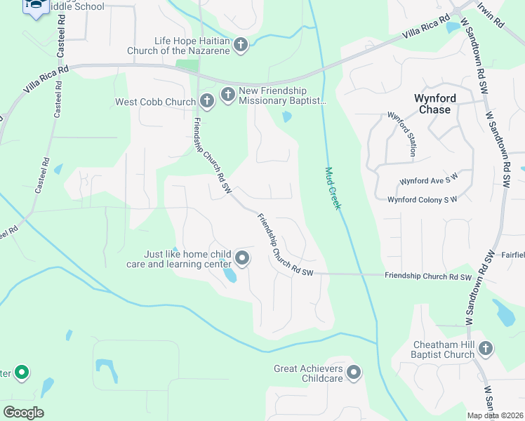 map of restaurants, bars, coffee shops, grocery stores, and more near 1575 Friendship Church Road Southwest in Powder Springs