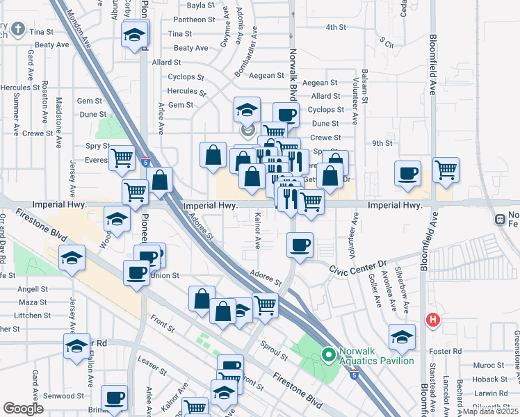 map of restaurants, bars, coffee shops, grocery stores, and more near 12116 Imperial Highway in Norwalk