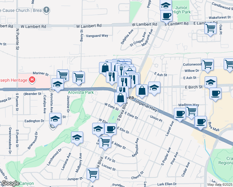 map of restaurants, bars, coffee shops, grocery stores, and more near 306 South Walnut Avenue in Brea