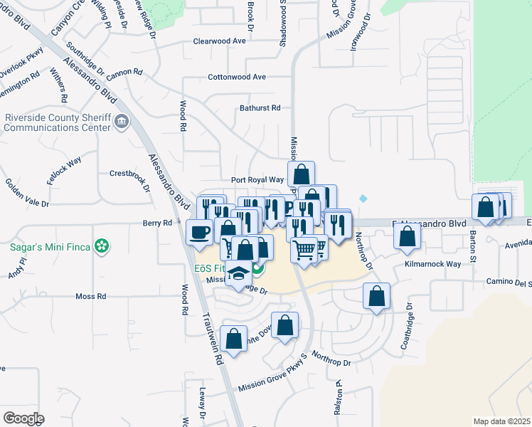 map of restaurants, bars, coffee shops, grocery stores, and more near 200 Alessandro Boulevard in Riverside