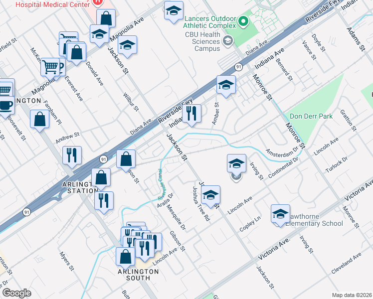 map of restaurants, bars, coffee shops, grocery stores, and more near 9018 Chaucer Circle in Riverside