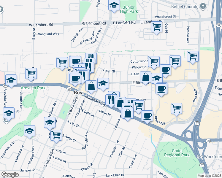 map of restaurants, bars, coffee shops, grocery stores, and more near 230 South Redwood Avenue in Brea