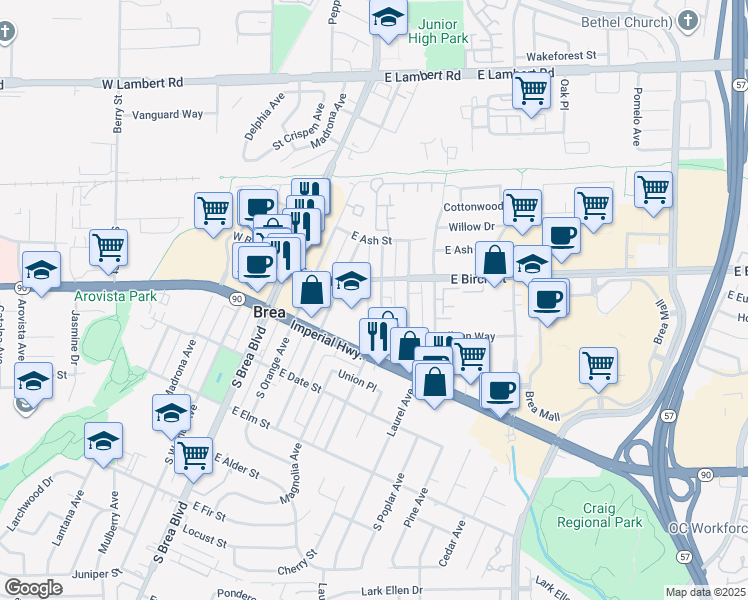 map of restaurants, bars, coffee shops, grocery stores, and more near 230 South Redwood Avenue in Brea