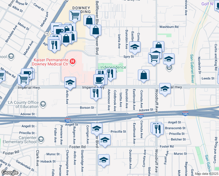 map of restaurants, bars, coffee shops, grocery stores, and more near 9556 Imperial Highway in Downey