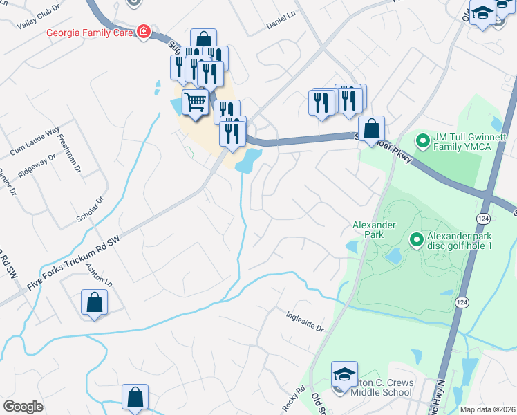 map of restaurants, bars, coffee shops, grocery stores, and more near 1672 Edgeley Way in Lawrenceville