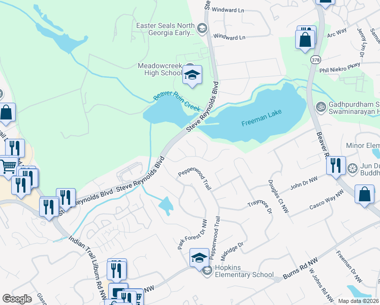map of restaurants, bars, coffee shops, grocery stores, and more near 1065 Falling Water Lane in Norcross