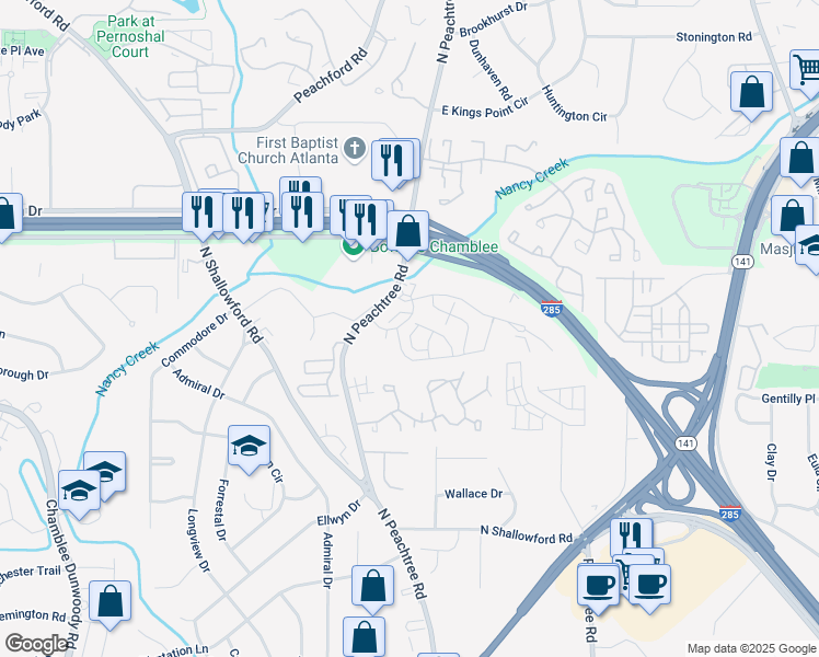 map of restaurants, bars, coffee shops, grocery stores, and more near 4164 Butler Drive in Atlanta