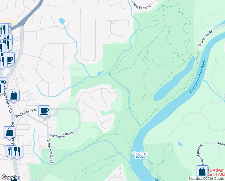 map of restaurants, bars, coffee shops, grocery stores, and more near 3550 Rivers Call Boulevard in Atlanta