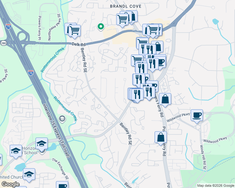 map of restaurants, bars, coffee shops, grocery stores, and more near 1416 Old Virginia Court Southeast in Marietta