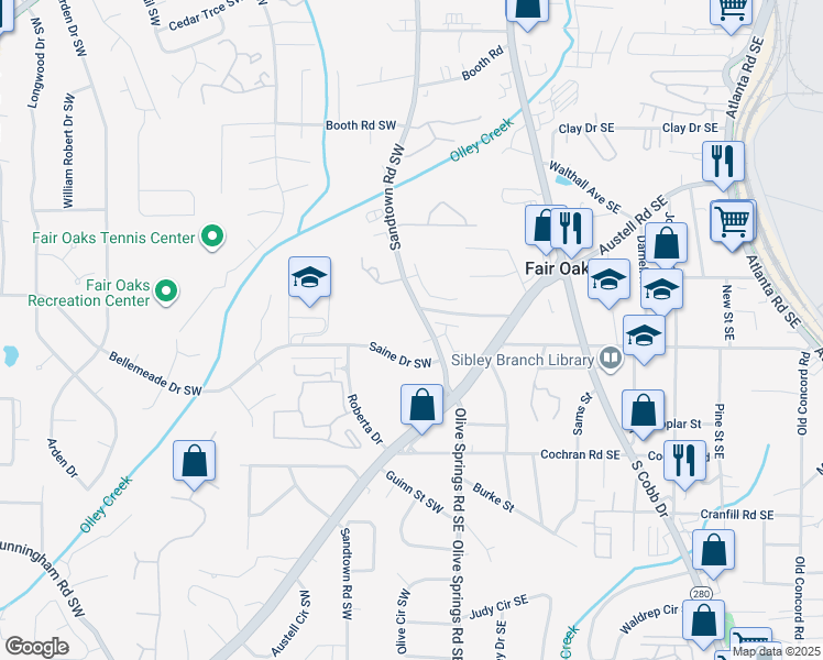 map of restaurants, bars, coffee shops, grocery stores, and more near 1480 Sandtown Road Southwest in Marietta