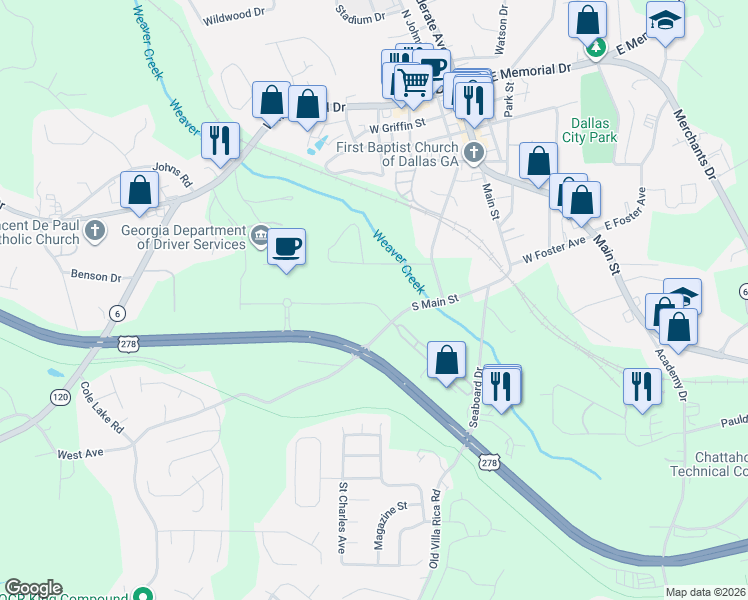 map of restaurants, bars, coffee shops, grocery stores, and more near 266 South Main Street in Dallas