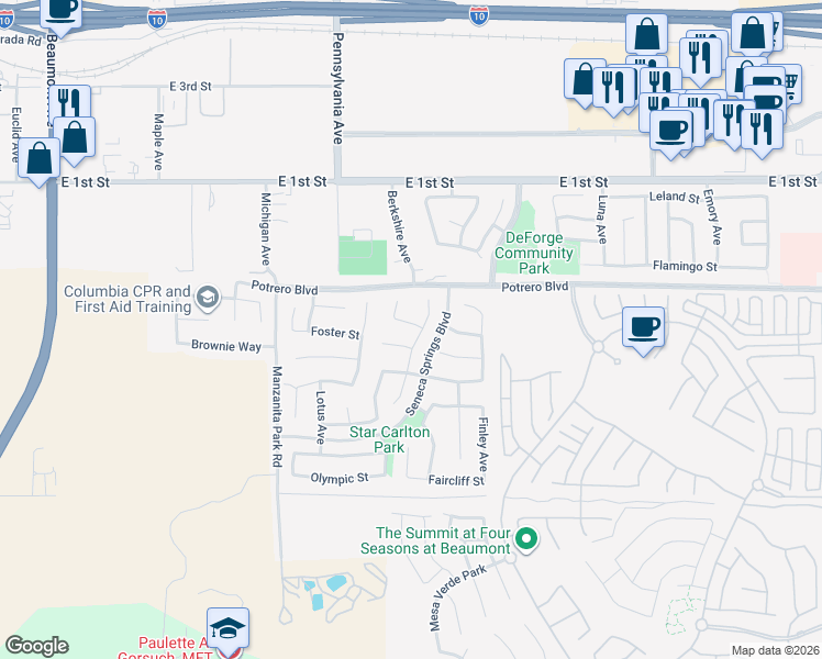 map of restaurants, bars, coffee shops, grocery stores, and more near 1379 Fleet Street in Beaumont