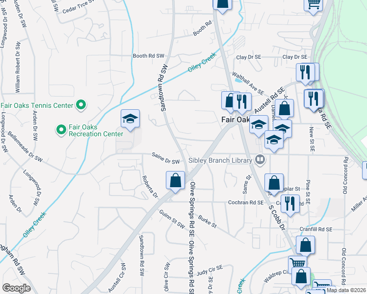 map of restaurants, bars, coffee shops, grocery stores, and more near 1521 Sandtown Road Southwest in Marietta