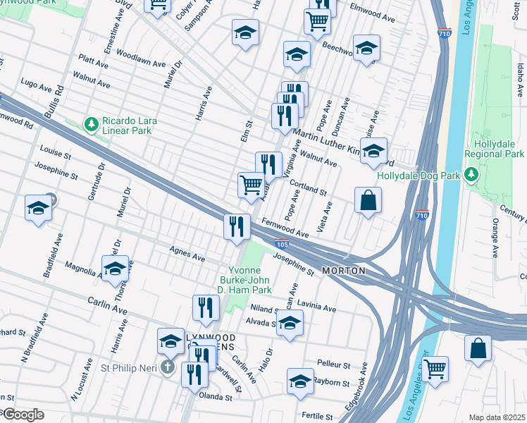 map of restaurants, bars, coffee shops, grocery stores, and more near 11690 Atlantic Avenue in Lynwood
