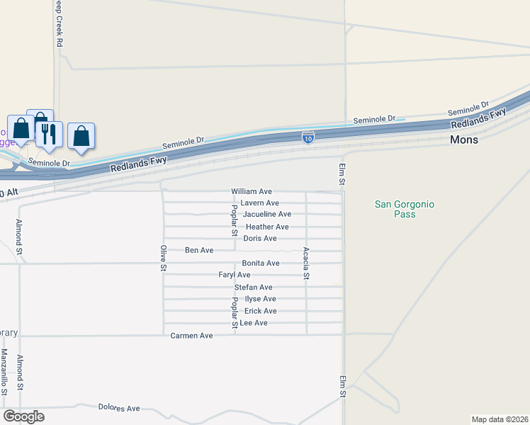 map of restaurants, bars, coffee shops, grocery stores, and more near in Cabazon