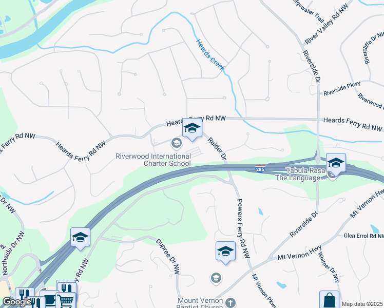 map of restaurants, bars, coffee shops, grocery stores, and more near 5900 Raider Drive in Sandy Springs