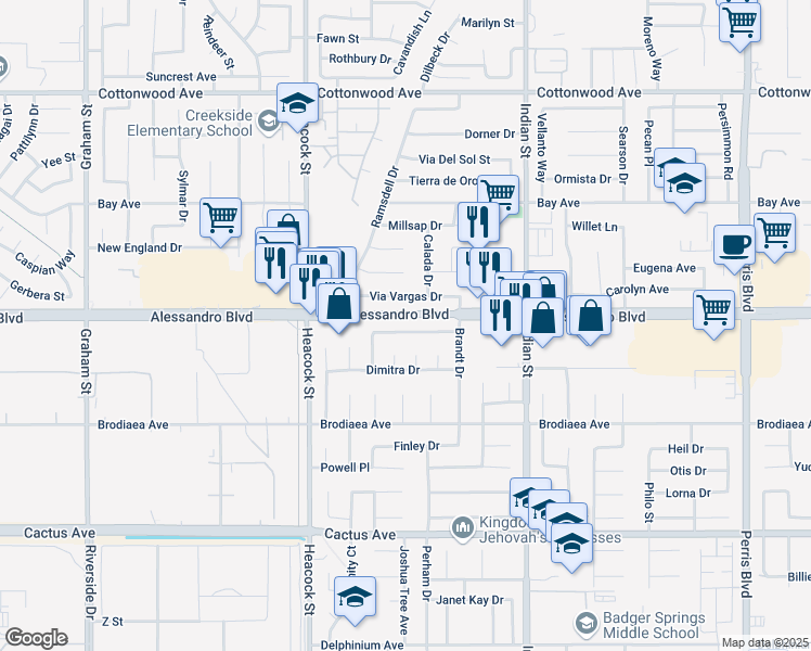 map of restaurants, bars, coffee shops, grocery stores, and more near 24198 Mount Russell Drive in Moreno Valley