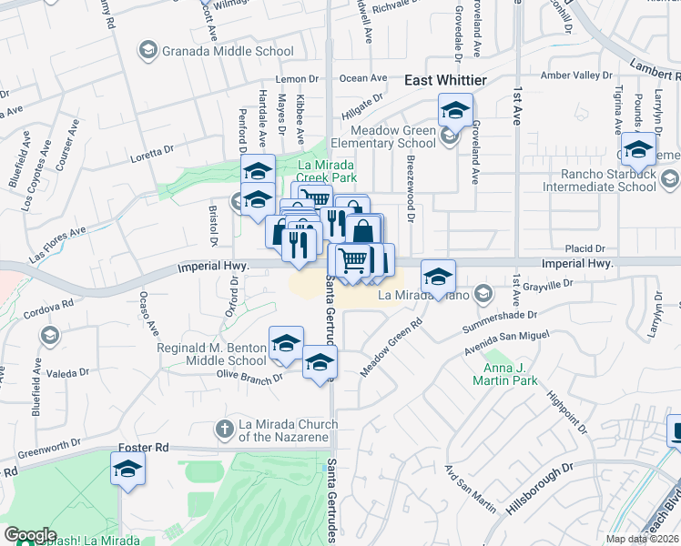 map of restaurants, bars, coffee shops, grocery stores, and more near 15800 Imperial Highway in La Mirada