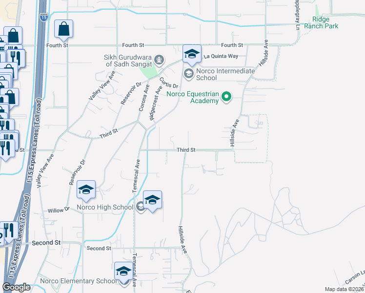 map of restaurants, bars, coffee shops, grocery stores, and more near 989 3rd Street in Norco