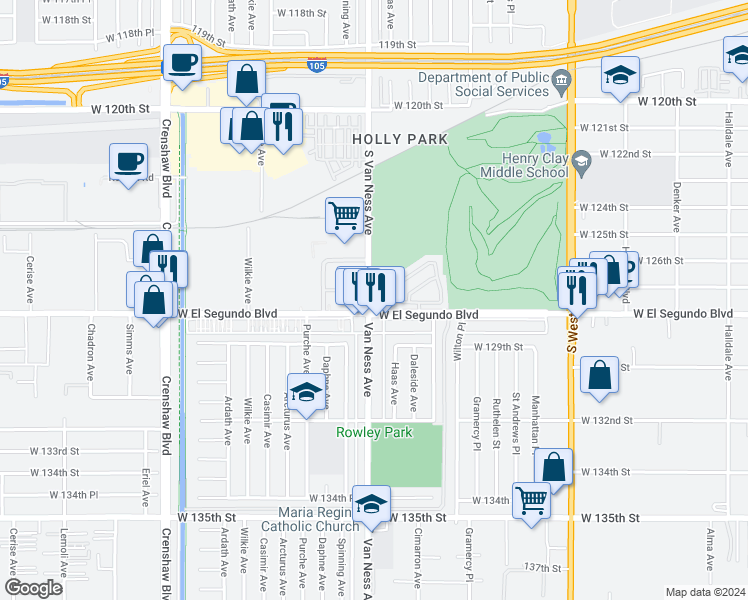 map of restaurants, bars, coffee shops, grocery stores, and more near 12717 Glen Eagles Drive in Hawthorne