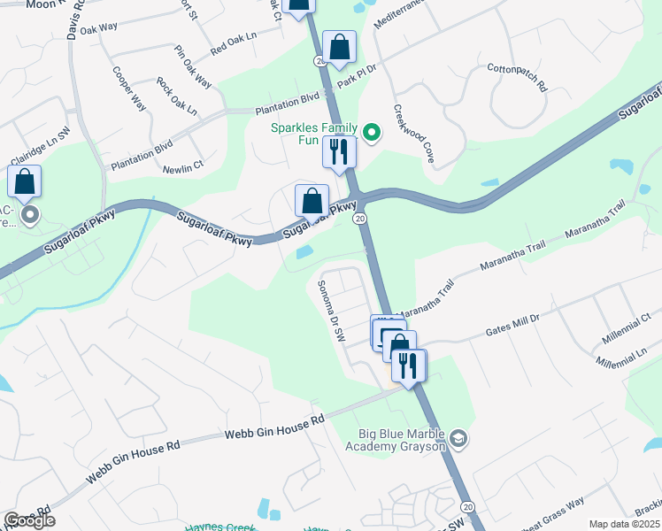 map of restaurants, bars, coffee shops, grocery stores, and more near 1002 Sonoma Drive Southwest in Lawrenceville