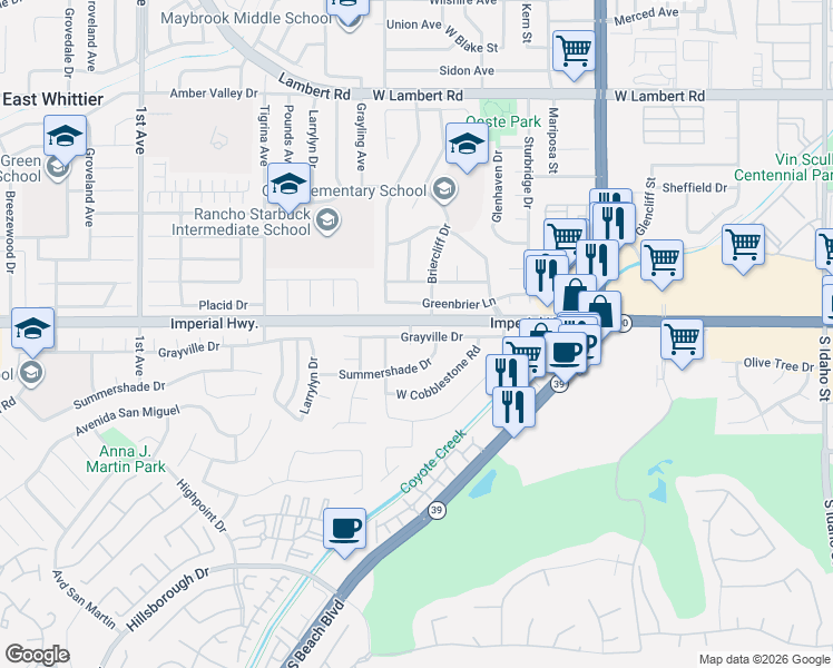 map of restaurants, bars, coffee shops, grocery stores, and more near 2531 Grayville Drive in La Habra