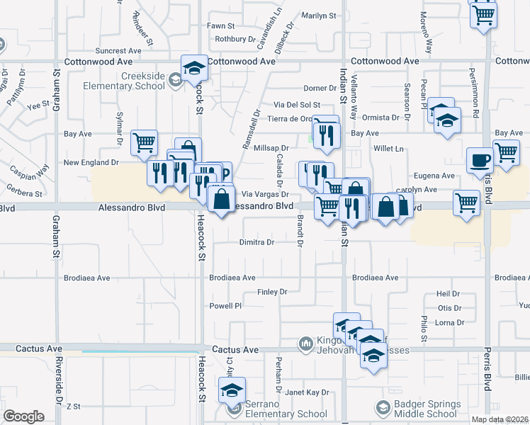 map of restaurants, bars, coffee shops, grocery stores, and more near 24198 Mount Russell Drive in Moreno Valley