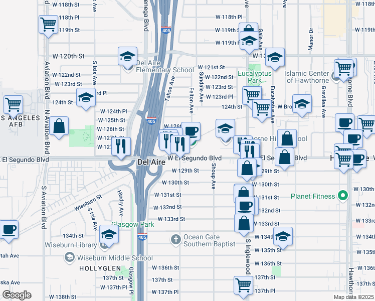 map of restaurants, bars, coffee shops, grocery stores, and more near 5033 West El Segundo Boulevard in Hawthorne