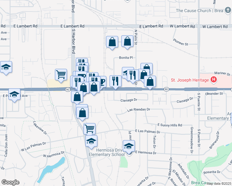 map of restaurants, bars, coffee shops, grocery stores, and more near 3932 Bonita Place in Fullerton