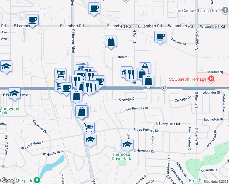 map of restaurants, bars, coffee shops, grocery stores, and more near 3932 Bonita Place in Fullerton