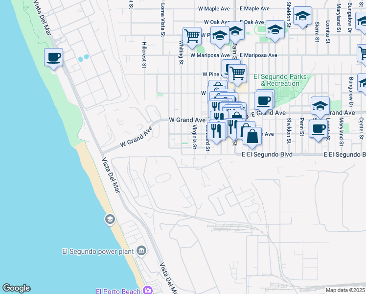 map of restaurants, bars, coffee shops, grocery stores, and more near 127 Binder Place in El Segundo