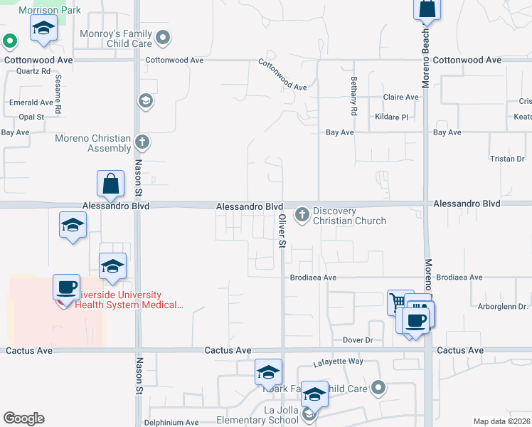 map of restaurants, bars, coffee shops, grocery stores, and more near 14022 Cordelia Street in Moreno Valley