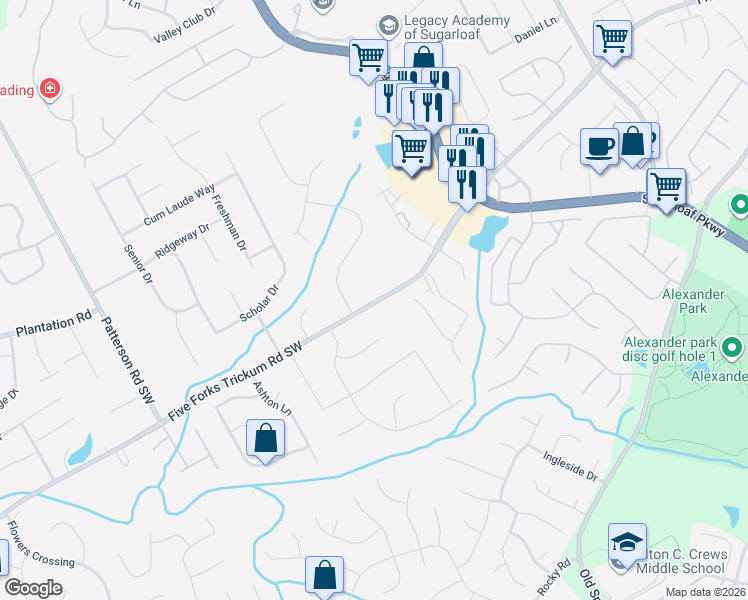 map of restaurants, bars, coffee shops, grocery stores, and more near 1467 Five Forks Trickum Road Southwest in Lawrenceville