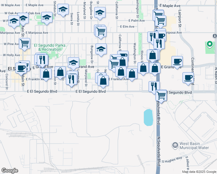 map of restaurants, bars, coffee shops, grocery stores, and more near 1121 East El Segundo Boulevard in El Segundo