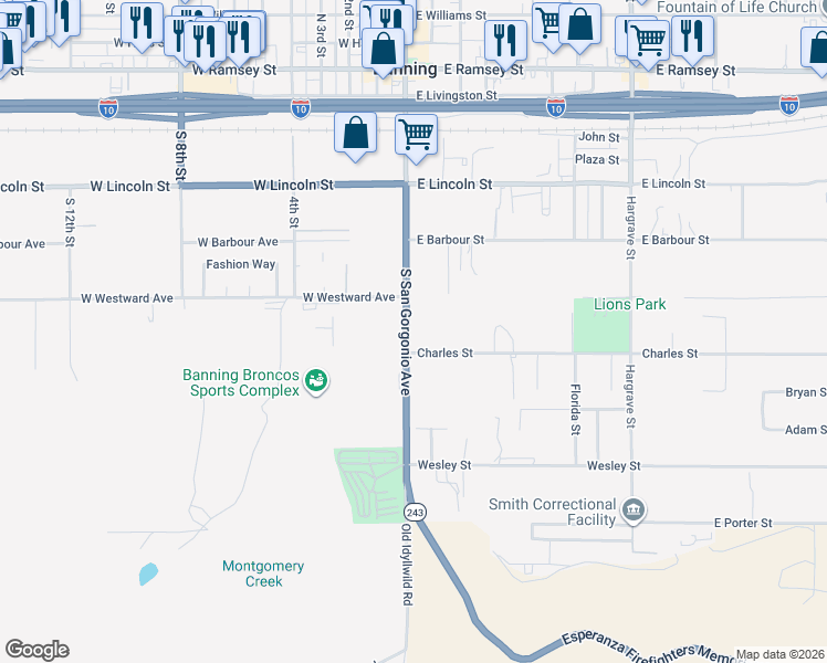 map of restaurants, bars, coffee shops, grocery stores, and more near 938 South San Gorgonio Avenue in Banning