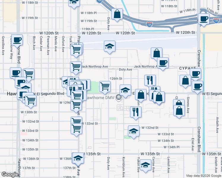 map of restaurants, bars, coffee shops, grocery stores, and more near 12716 Doty Avenue in Hawthorne