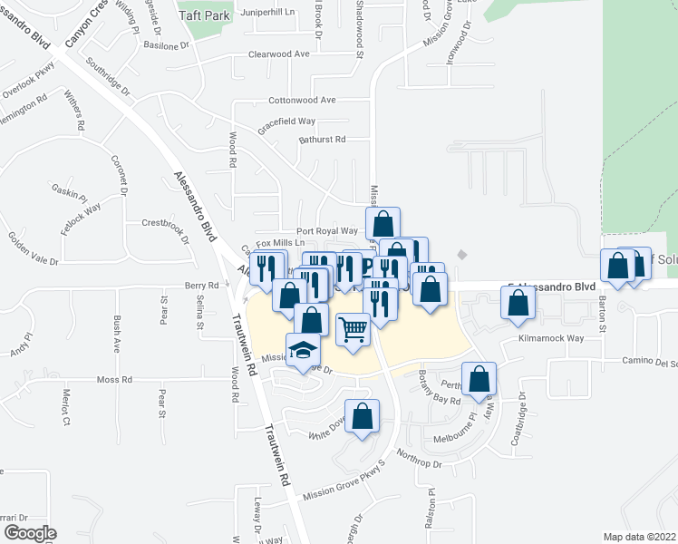 map of restaurants, bars, coffee shops, grocery stores, and more near 200 Alessandro Boulevard in Riverside