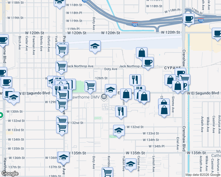 map of restaurants, bars, coffee shops, grocery stores, and more near 12716 Kornblum Avenue in Hawthorne