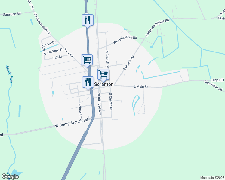 map of restaurants, bars, coffee shops, grocery stores, and more near 1900 South Church Street in Scranton