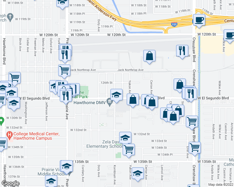 map of restaurants, bars, coffee shops, grocery stores, and more near 12716 Kornblum Avenue in Hawthorne