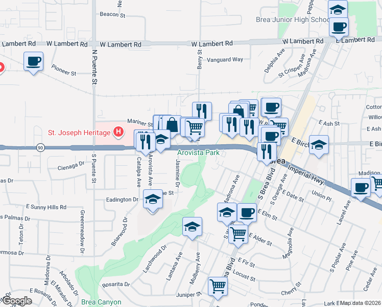 map of restaurants, bars, coffee shops, grocery stores, and more near 640 West Imperial Highway in Brea