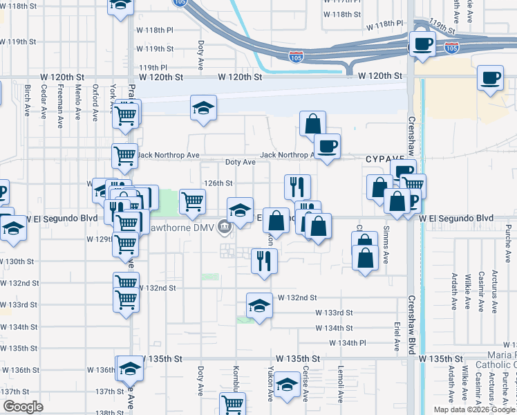 map of restaurants, bars, coffee shops, grocery stores, and more near 12716 Cranbrook Avenue in Hawthorne